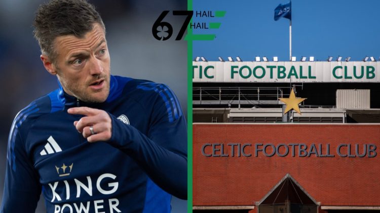 Jamie Vardy warming up for Leicester City, and an outside view of Celtic Football Club.