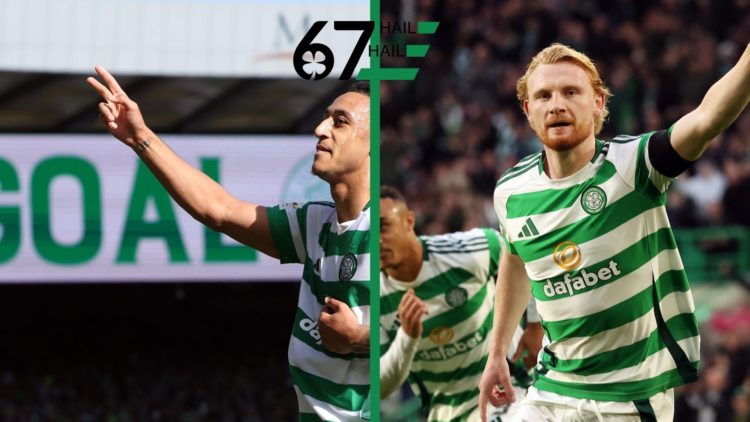 Adam Idah celebrating a goal for Celtic against St Johnstone, and Liam Scales also in action for Celtic