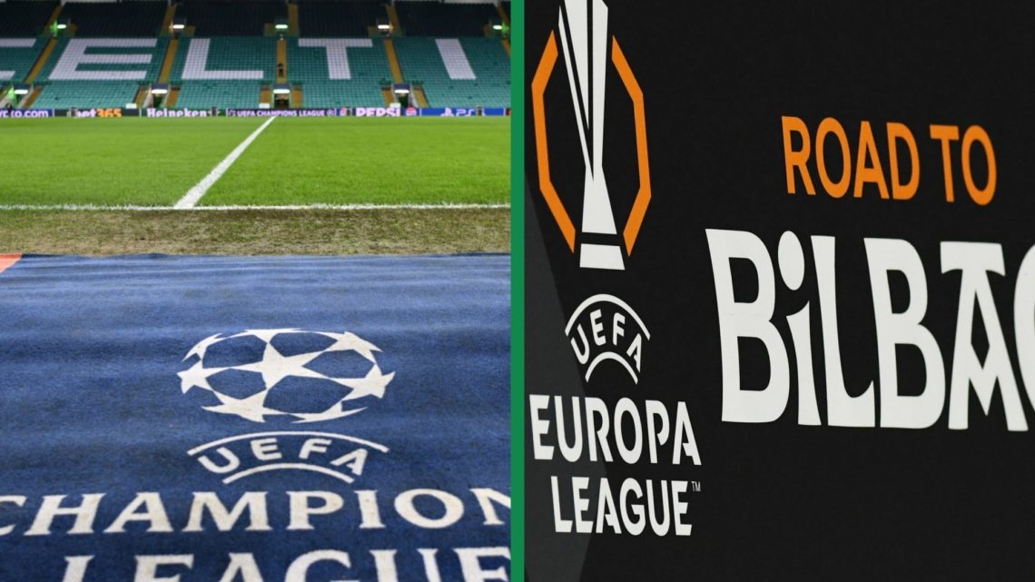 A view of Celtic's tunnel, with the Champions League logo, alongside the Europa League 'Road to Bilbao' logo