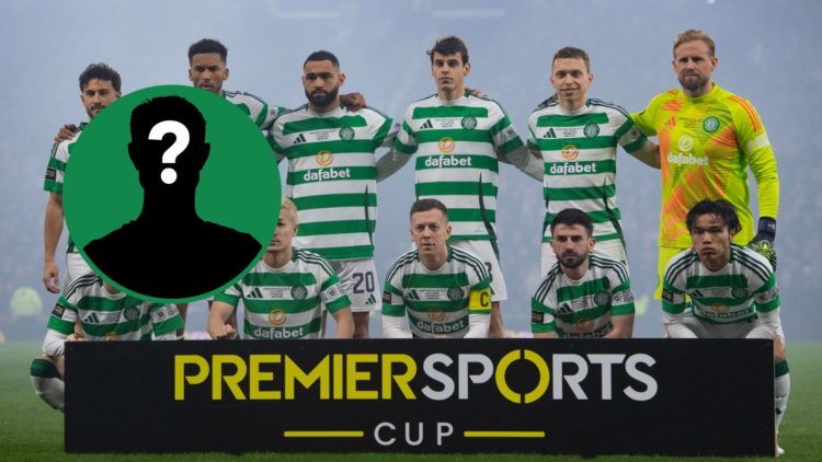 The Celtic starting XI from the Premier Sports Cup final pose, an inset of a mystery man