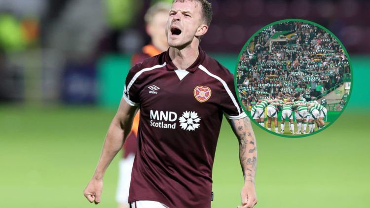 Andy Halliday shouts at his teammates during a Hearts game, an inset of the Celtic players in a team talk before kick off