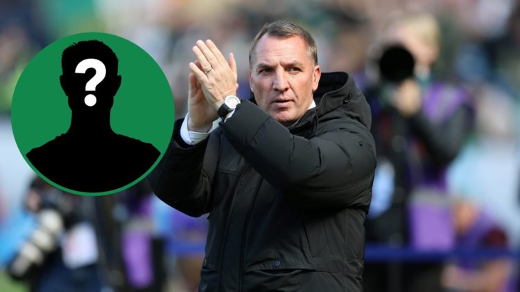 Celtic manager Brendan Rodgers applauds fans at the Scottish Cup semi-final, an inset of a mystery figure