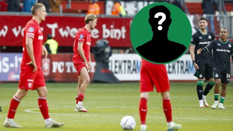 Gustaf Lagerbielke and his FC Twente teammates look dejected after conceding, an inset of a mystery man