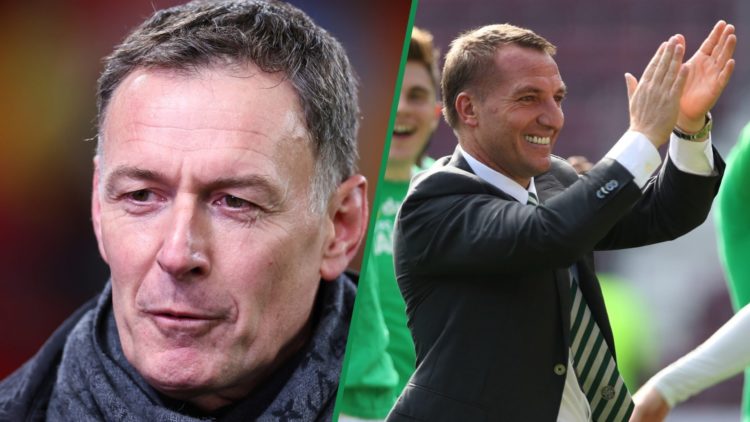 Split image of Chris Sutton working as a pundit and Brendan Rodgers celebrating Celtic's 2017 Scottish Premiership title win.