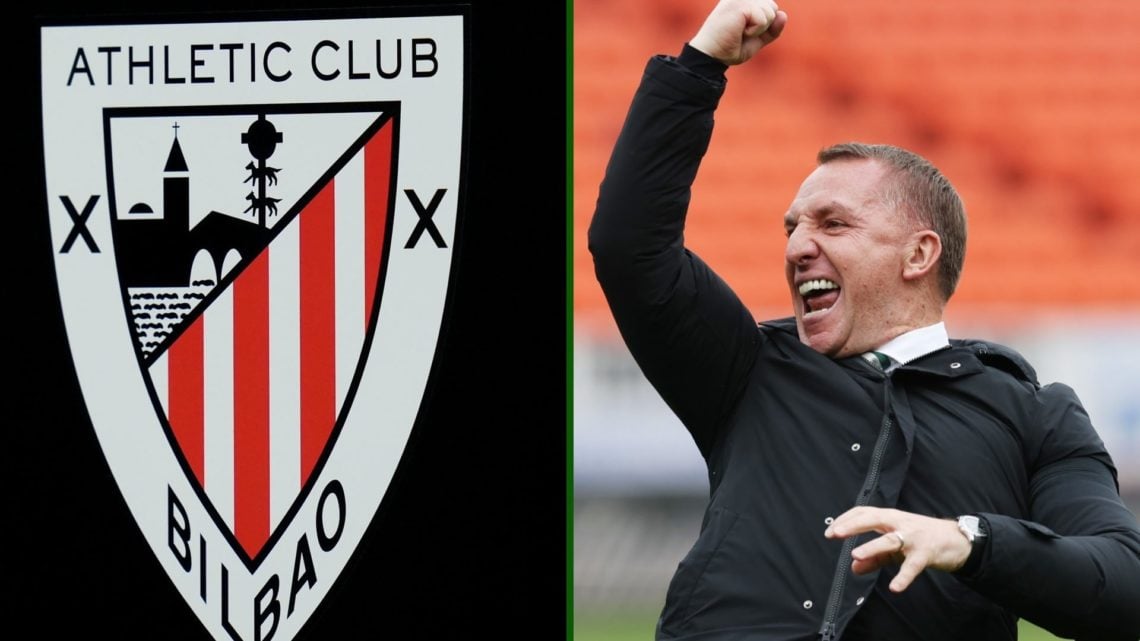 Split image of Athletic Club badge and Celtic manager Brendan Rodgers after winning the Scottish Premiership