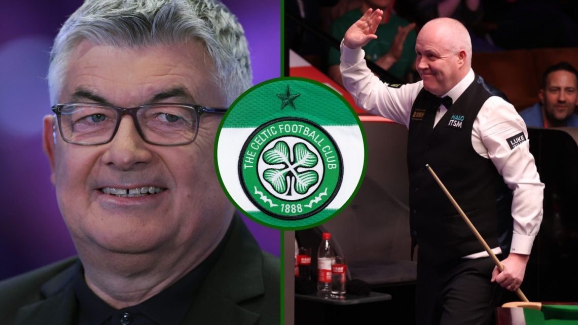 Split image of snooker legend John Parrot and John Higgins at the 2025 World Snooker Championship with Celtic badge overlay