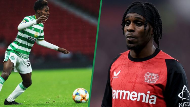 Jeremie Frimpong travels with the ball whilst playing for Celtic (L), Jeremie Frimpong watches on during a Bayer Leverkusen game