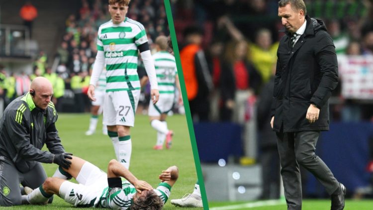 Celtic winger Jota (L) receives treatment for an injury, Celtic manager Brendan Rodgers (R) watches on with a dejected look