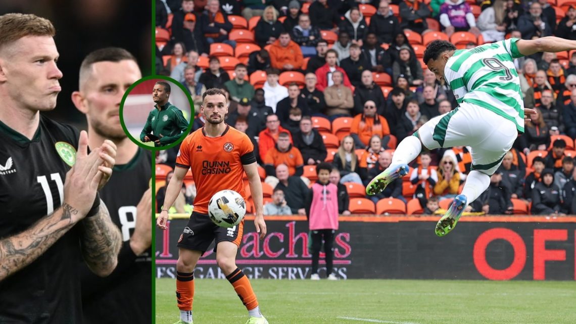 Three-way image of Wrexham's James McClean appearing for Ireland with Celtic striker Adam Idah scoring against Dundee United with an overlay of Dai...