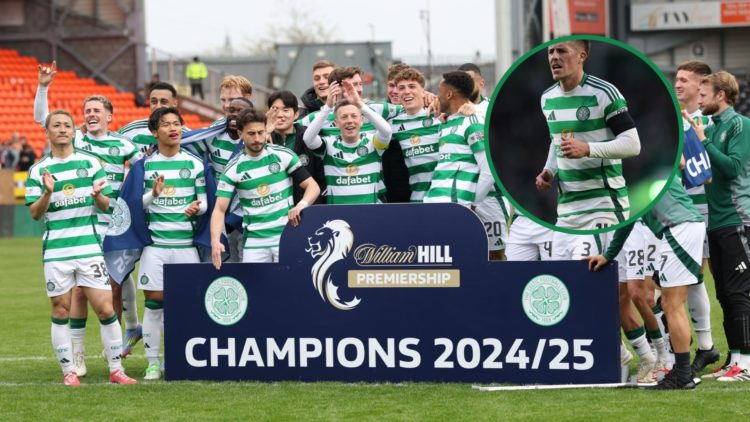 Celtic celebrate winning the Scottish Premiership title, an inset of Luke McCowan in action for Celtic