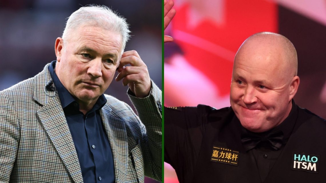 Split image of former Rangers striker Ally McCoist looking glum and Celtic supporting John Higgins as the 2025 World Snooker Championships