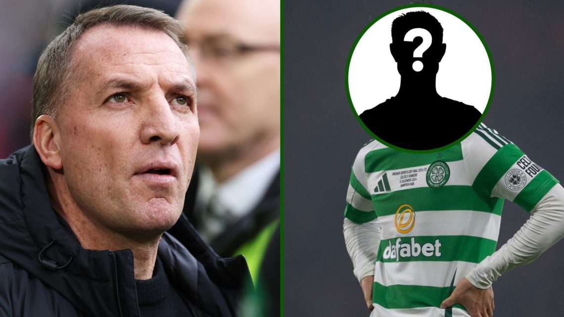 Split image of Brendan Rodgers and blanked out Celtic player in action at Celtic Park.
