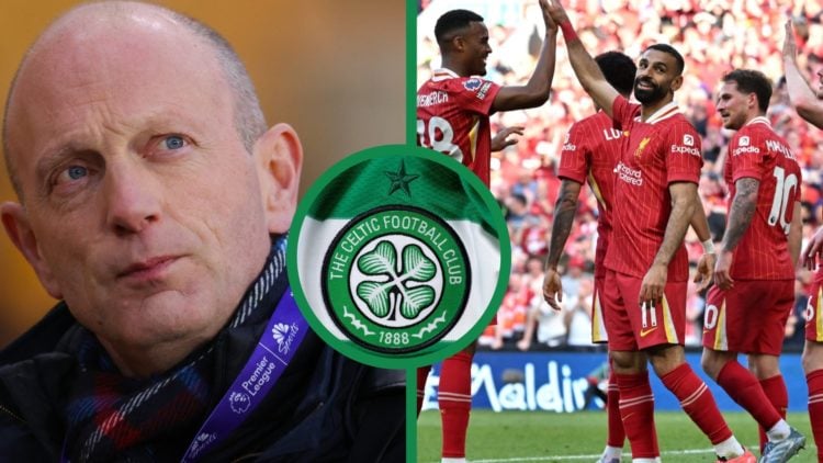 Football commentator Peter Drury, with an image of the Liverpool players celebrating a goal against Tottenham in the Premier League, including an i...
