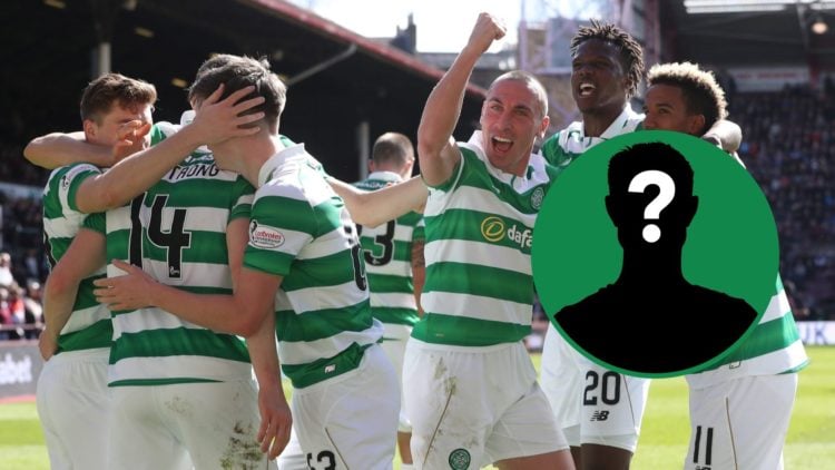 Stuart Armstrong celebrates a goal with Celtic teammates, an inset of a mystery man