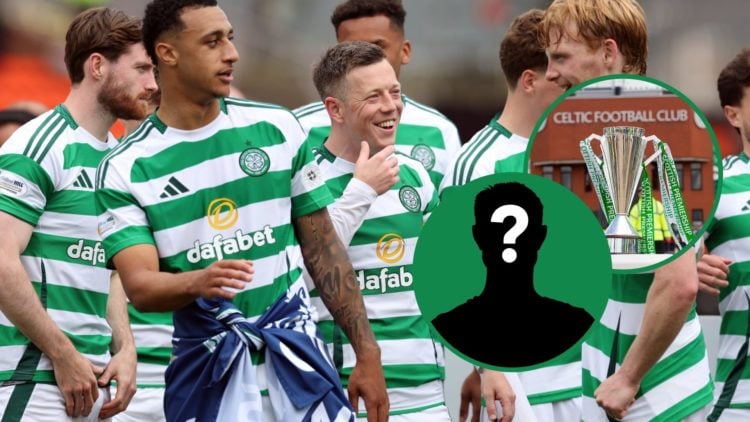 Callum McGregor jokes with Celtic players, an inset of the Scottish Premiership trophy outside Celtic Park, an inset of a mystery man figure