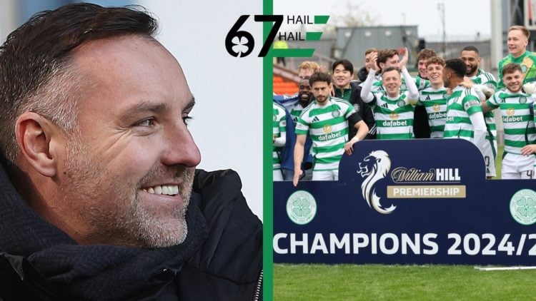 Ex-Rangers striker Kris Boyd and Celtic celebrating the 2024/25 Premiership title after beating Dundee United
