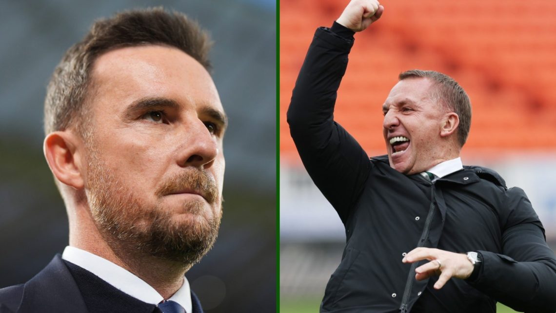 Split image of Celtic boss Brendan Rodgers celebrating the title win at Tannadice and Rangers manager Barry Ferguson looking glum.