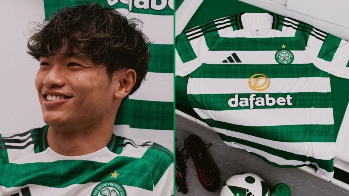 Split image, Reo Hatate wearing Celtic's new Adidas 2025/26 home kit. Celtic's new Adidas 2025/26 home shirt.