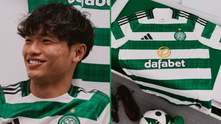 Split image, Reo Hatate wearing Celtic's new Adidas 2025/26 home kit. Celtic's new Adidas 2025/26 home shirt.