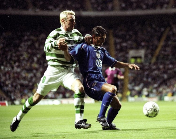 12 Aug 1998:  Goran Juric of Croatia Zagreb is challenged by Craig Burley of Celtic during the Champions League Qualification match at Park Head St...