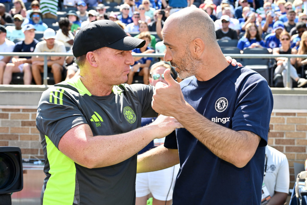 Brendan Rodgers and Enzo Maresca greet each other ahead of Celtic's pre-season friendly against Chelsea Notre Dame Stadium on July 27, 2024.