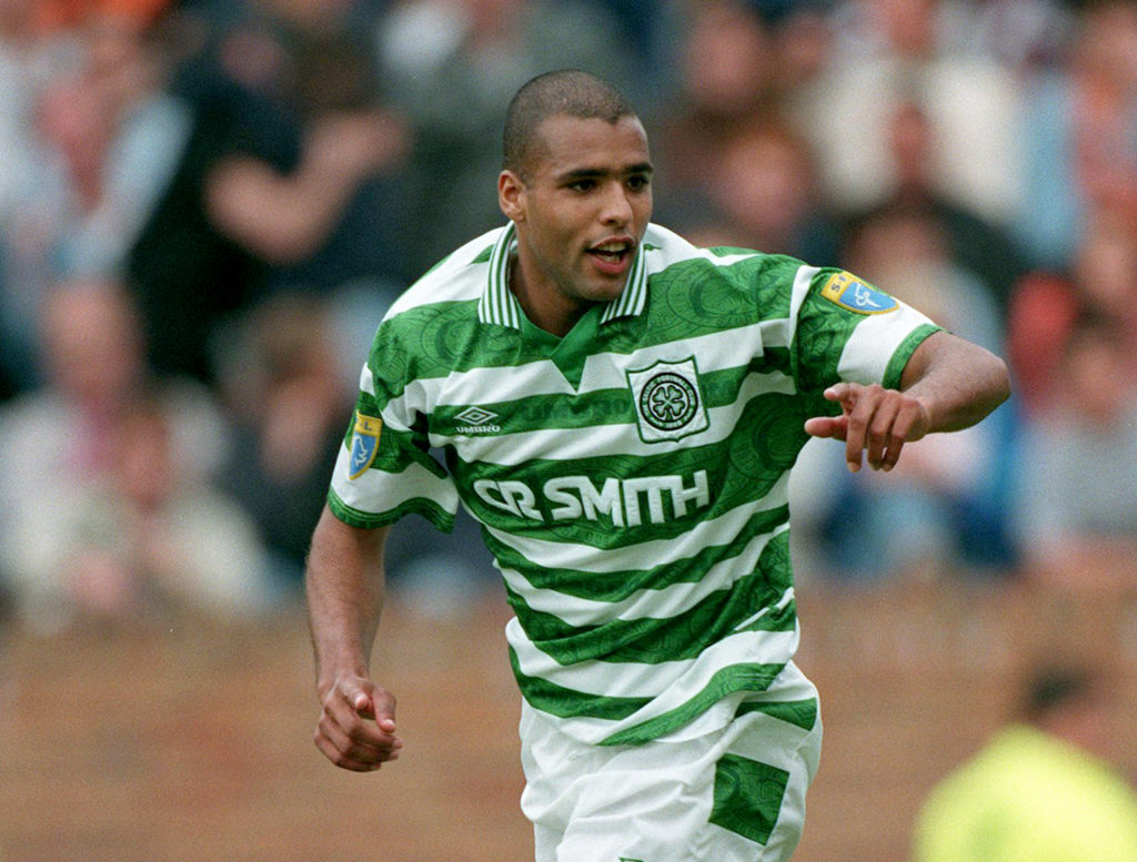 Pierre Van Hooijdonk scores for Celtic against Dundee United in the Scottish Premiership