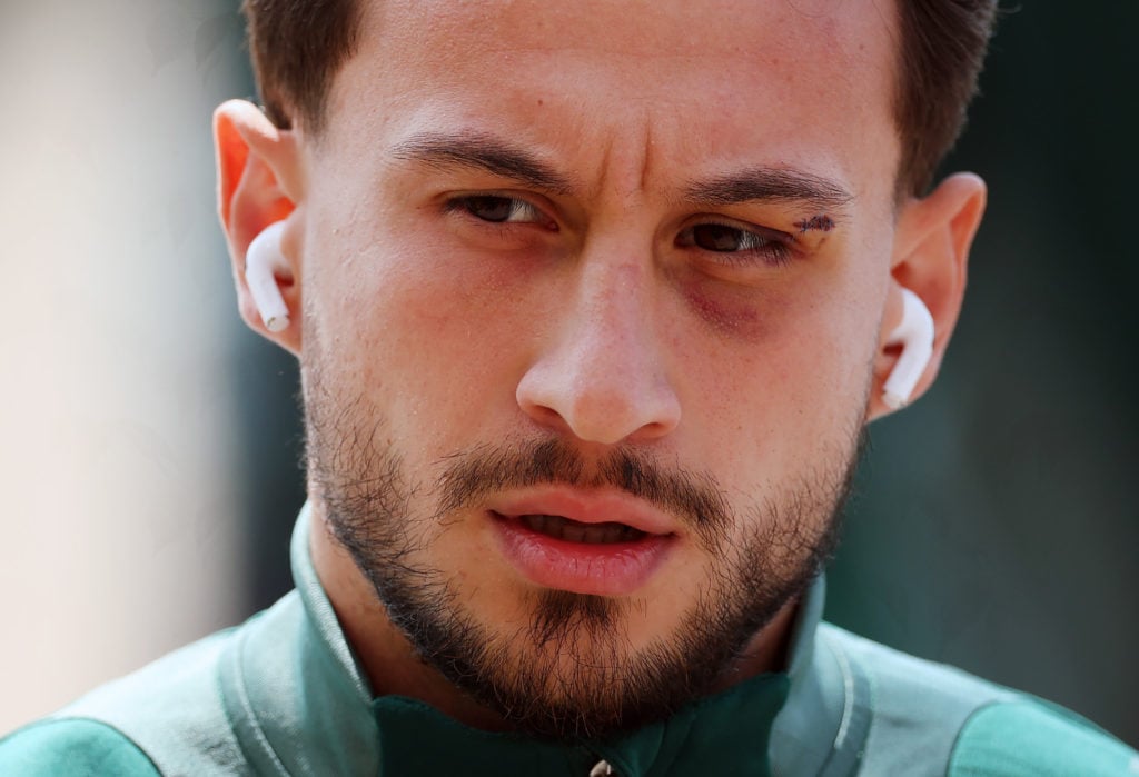 Close-up of Celtic's Nicolas Kuhn with AirPods in before Celtic FC v Hibernian FC - William Hill Premiership