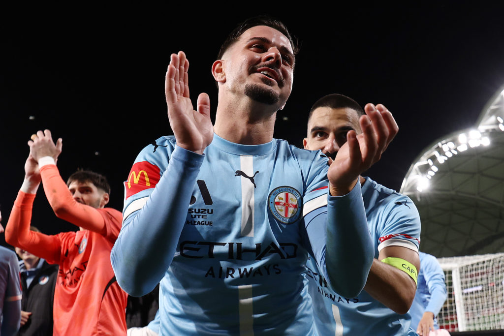 Marco Tilio of Melbourne City celebrates victory in the A-League Men Semi Final match between Western United and Melbourne City at AAMI Park