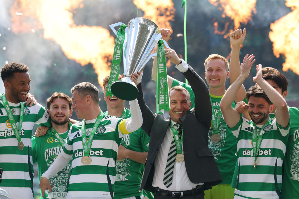 Brendan Rodgers lift the Premiership title after Celtic's clash against St Mirren.