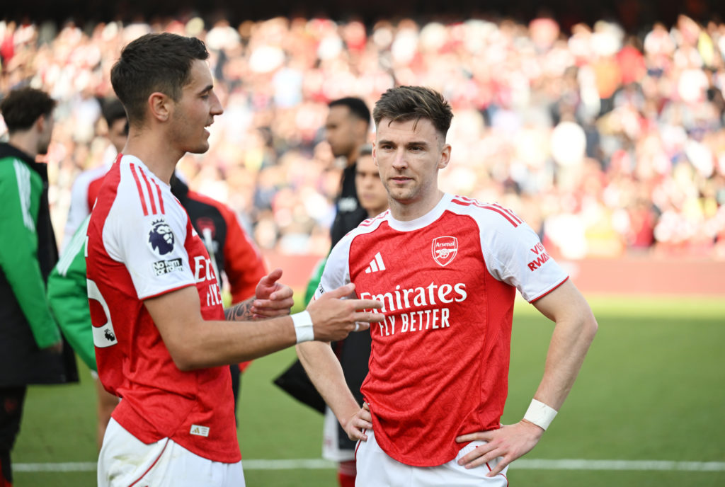 Jakub Kiwior of Arsenal interacts with teammates Kieran Tierney after the teams 1-0 victory in the Premier League match between Arsenal FC and Newcastle United FC at Emirates Stadium
