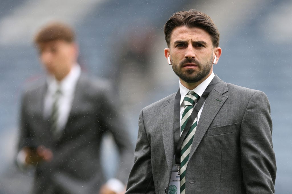 Greg Taylor looks on before Celtic's Scottish Cup final loss to Aberdeen at Hampden, May 24, 2025.