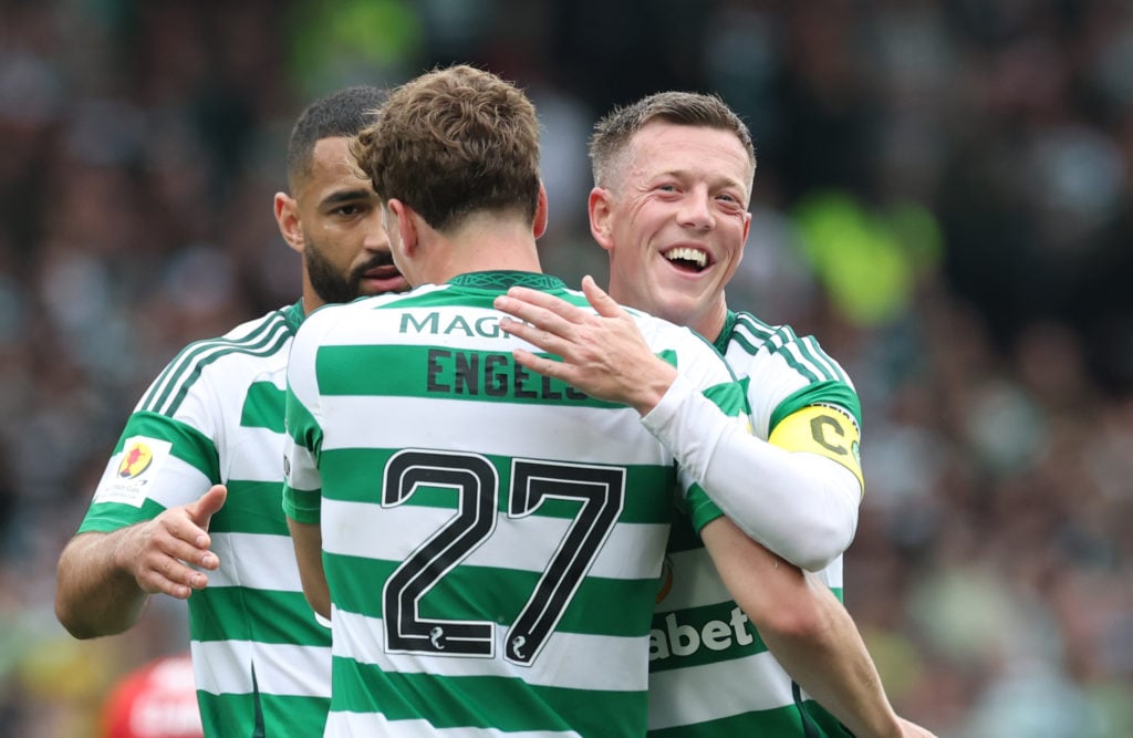 Callum McGregor of Celtic celebrates his teams first goal, an own goal scored by Alfie Dorrington of Aberdeen (not pictured) during the Scottish Gas Scottish Cup Final match between Aberdeen and Celtic at Hampden Park
