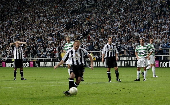 Alan Shearer takes a penalty during his testimonial between Newcastle and Celtic