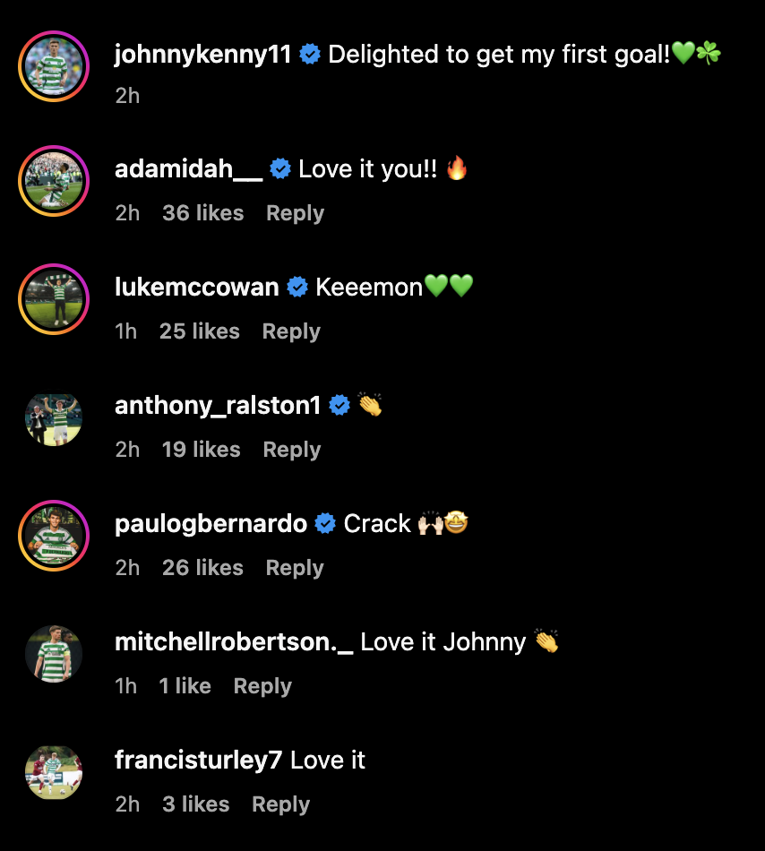 Celtic players commenting on Johnny Kenny's Instagram post 
