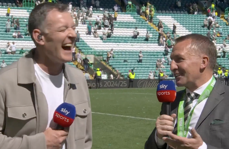 Chris Sutton laughs alongside smiling Brendan Rodgers at Celtic Park after Celtic 1-1 St Mirren