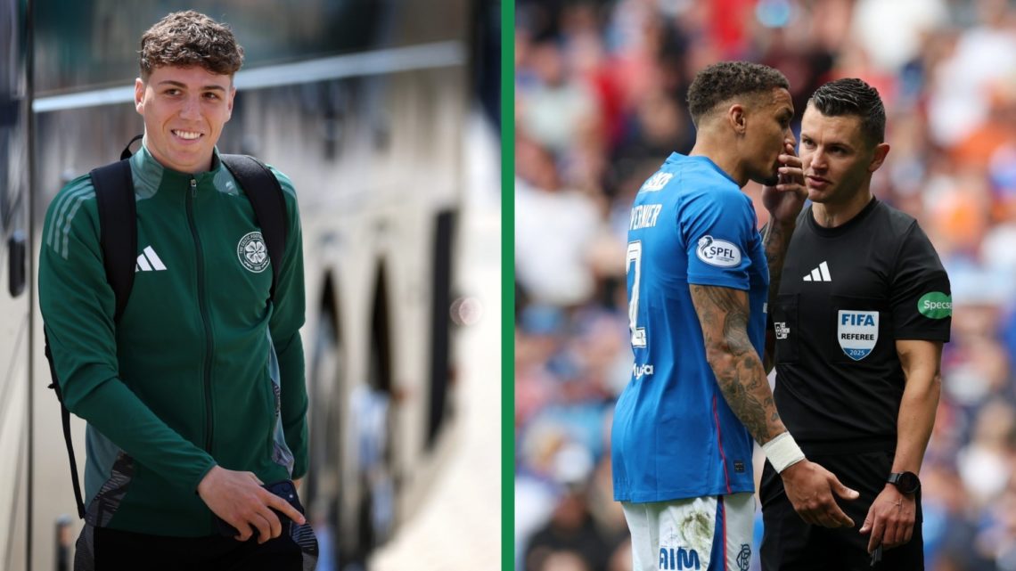 Arne Engels arrives at Celtic before their game against Hibernian at Celtic Park, James Tavernier in conversation with referee Nick Walsh for Range...