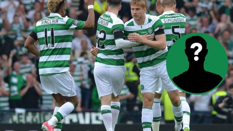 Stuart Armstrong celebrates a goal with Celtic teammates in the Scottish Cup final, an inset of a mystery man