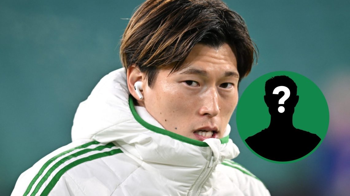 Kyogo Furuhashi arrives for a Celtic Champions League game, inset of a mystery man