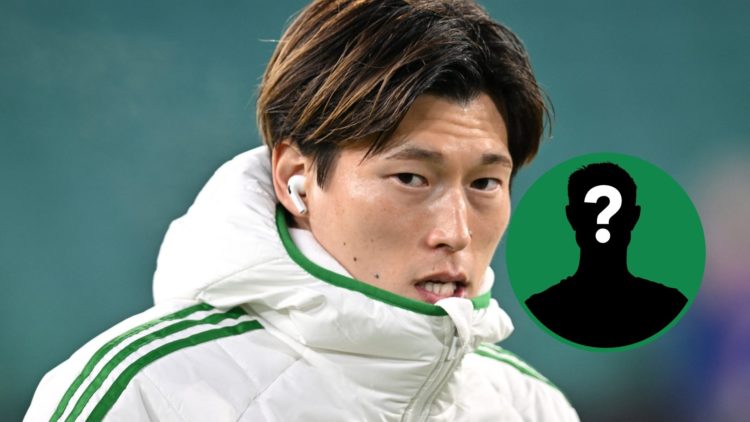 Kyogo Furuhashi arrives for a Celtic Champions League game, inset of a mystery man