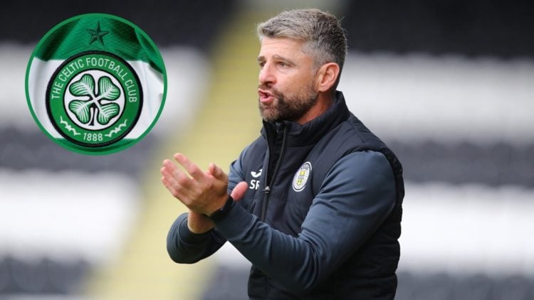 St Mirren boss Stephen Robinson encourages his players, an inset of the Celtic badge on a shirt