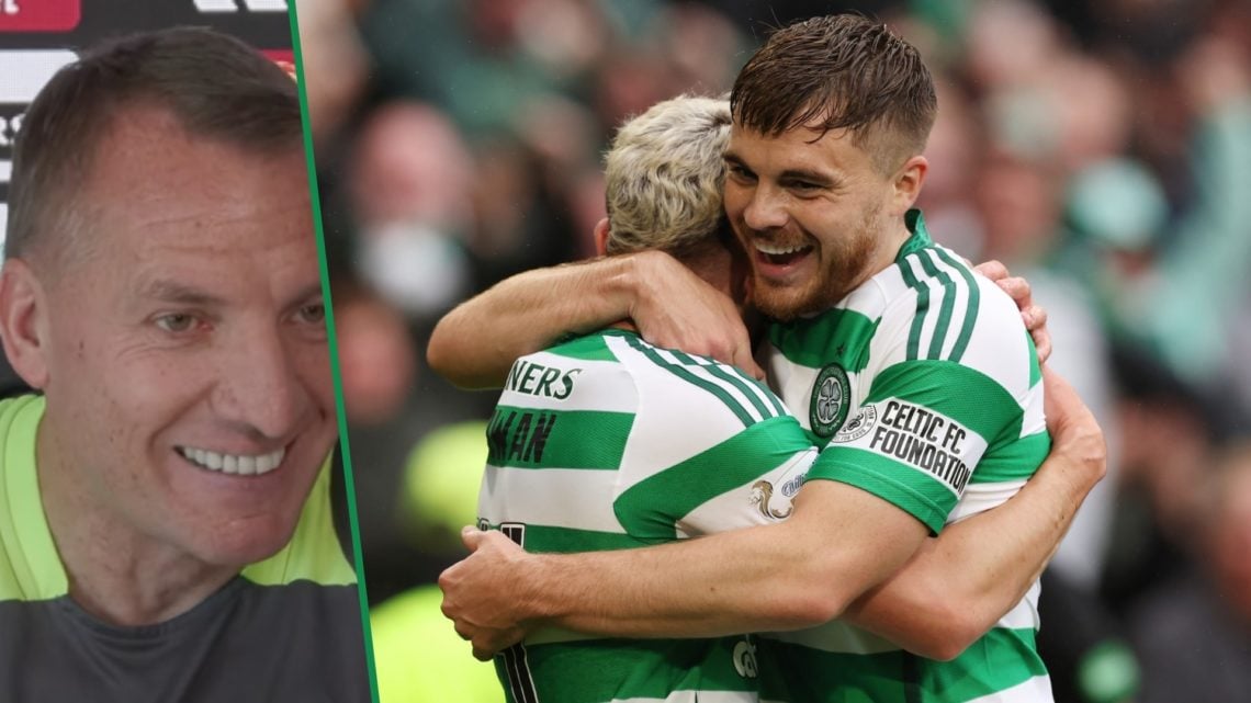 Brendan Rodgers laughing left and James Forrest celebrating right