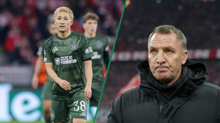 Daizen Maeda [L] looks dejected during Celtic's Champions League game, Brendan Rodgers [R] looks dejected after Celtic lose to Bayern Munich