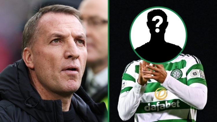 Brendan Rodgers looks on left and a mystery Celtic player right