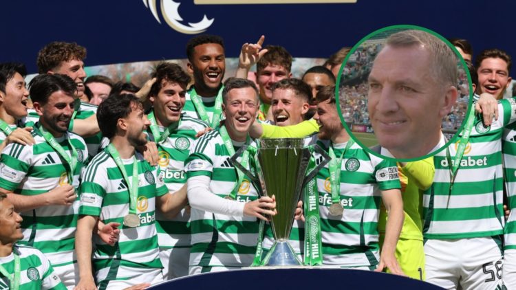 Callum McGregor and his Celtic teammates lift the Scottish Premiership trophy, an inset of Brendan Rodgers speaking to the media