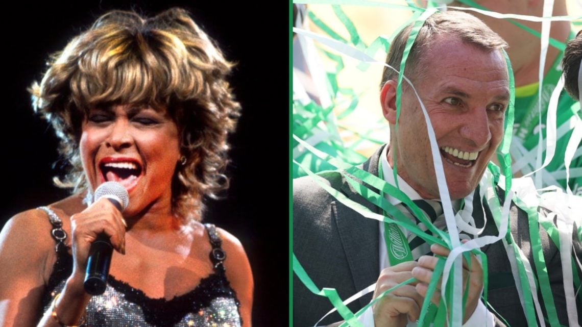 Tina Turner singing left and Brendan Rodgers laughing at Celtic Park right