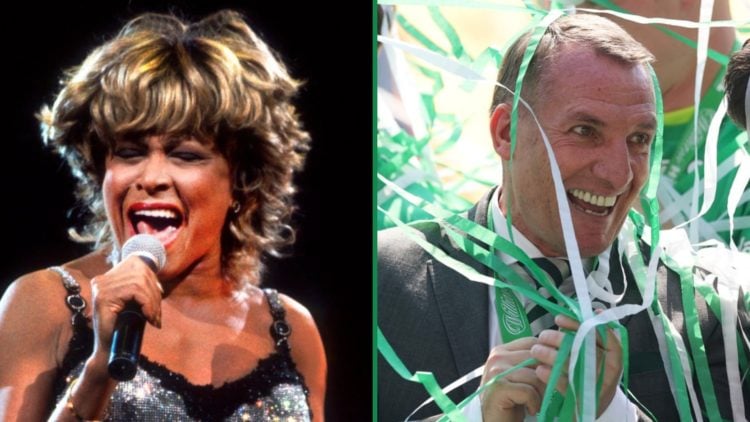 Tina Turner singing left and Brendan Rodgers laughing at Celtic Park right