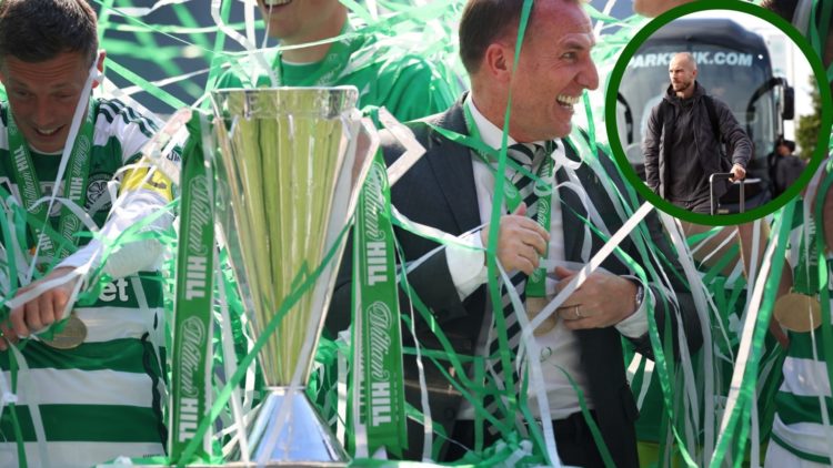 Image of Celtic manager Brendan Rodgers enjoying Trophy Day at Celtic Park with an overlay of Rangers' Vaclav Cerny
