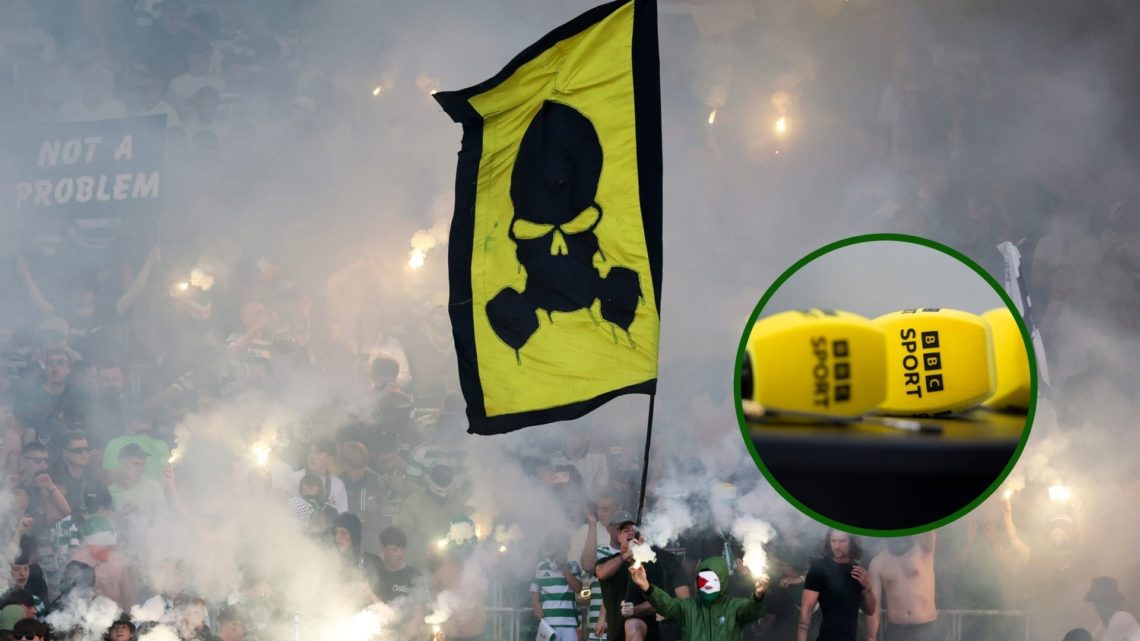 Image of Celtic fans prior to kick off against St Mirren on Trophy Day with an overlay of BBC microphones.