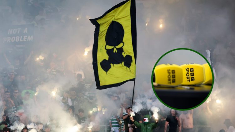 Image of Celtic fans prior to kick off against St Mirren on Trophy Day with an overlay of BBC microphones.