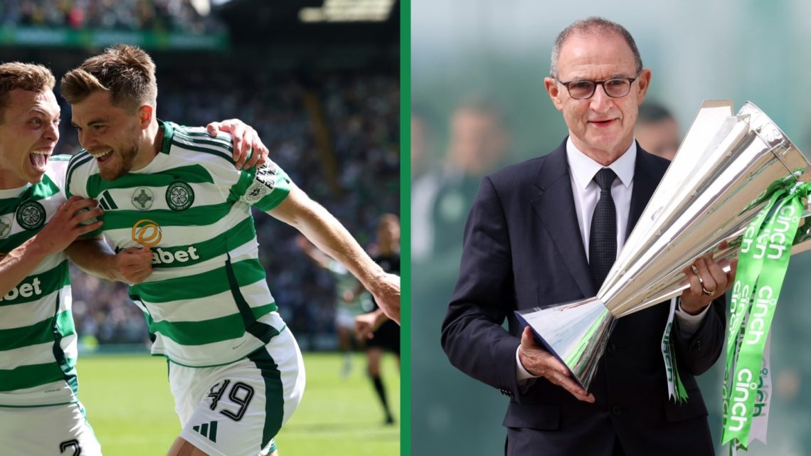 James Forrest celebrates scoring for Celtic against St Mirren, May 17, 2025, as Martin O'Neill walks towards Celtic Park with the Premiership title...
